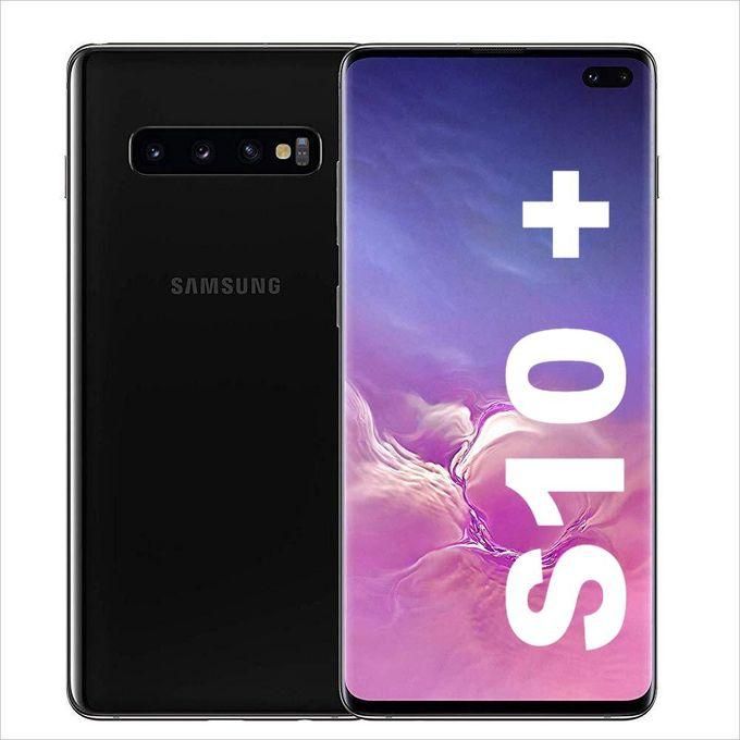Samsung Galaxy S10 Plus smartphone showing front screen display and dual selfie camera on the top within a black casing.